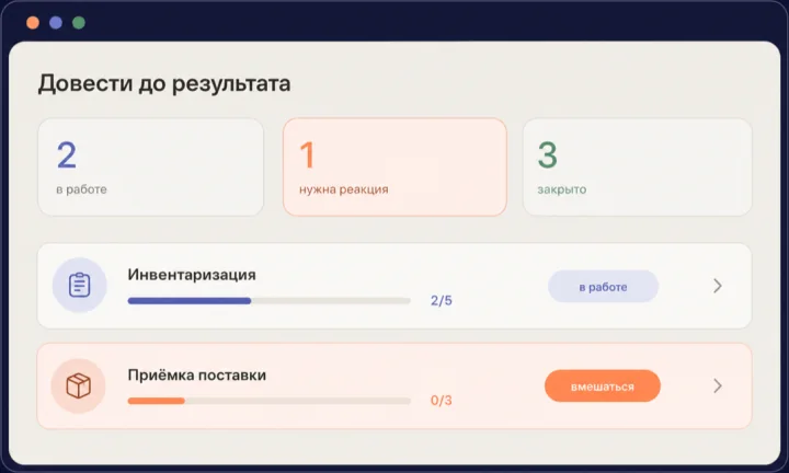 Доска смены: задачи со статусами, зависшая задача подсвечена, выполненные отмечены